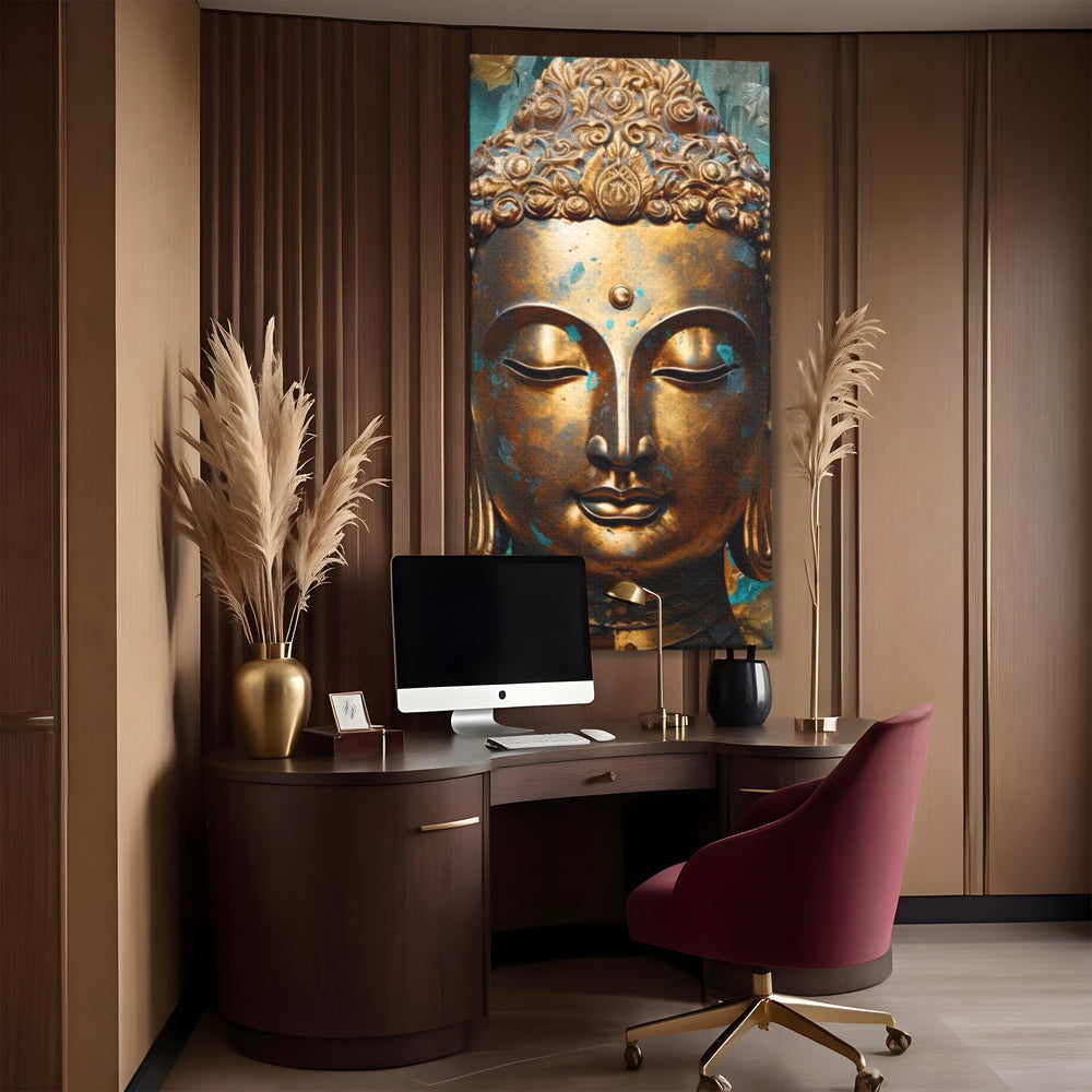 Tablou canvas cu tablou canvas cu capul lui buddha aurit, fara rama, pe sasiu de lemn, pe perete intr-un birou